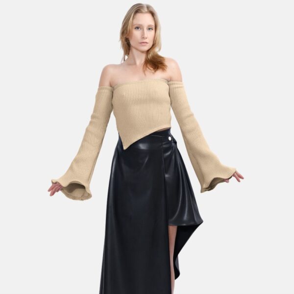 Beige Bloom Off Shoulder Rib Knit Sweater Way05 - Image 2