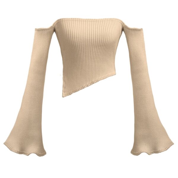 Beige Bloom Off Shoulder Rib Knit Sweater Way05