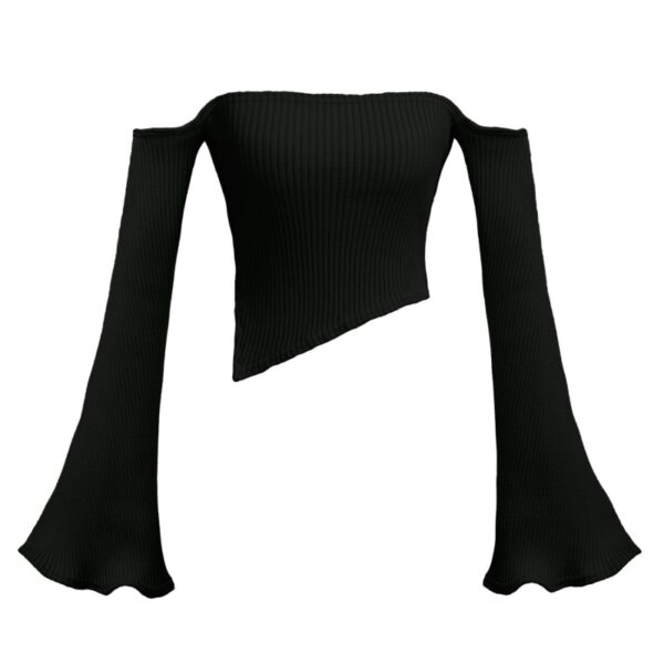 Black Rib Knit Flared Sleeves Sweater  Way08