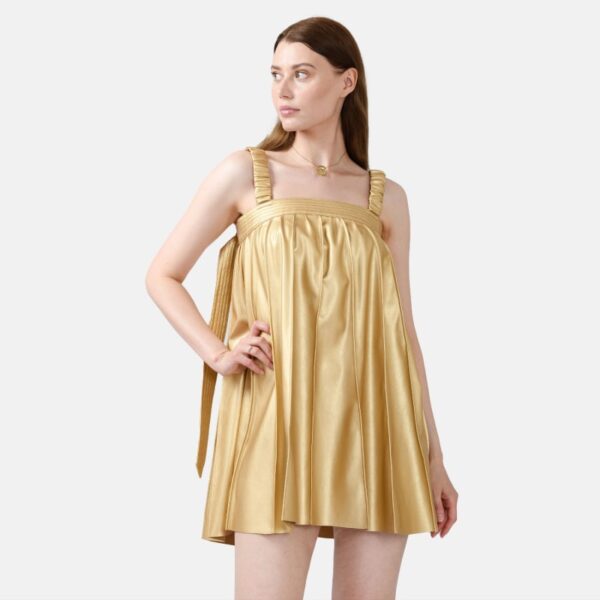 Gold Pleated Vegan Leather Mini Dress Way02 - Image 3