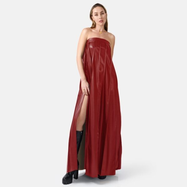 Red Strapless Pleated Vegan Leather Maxi Dress  Way01 - Image 2