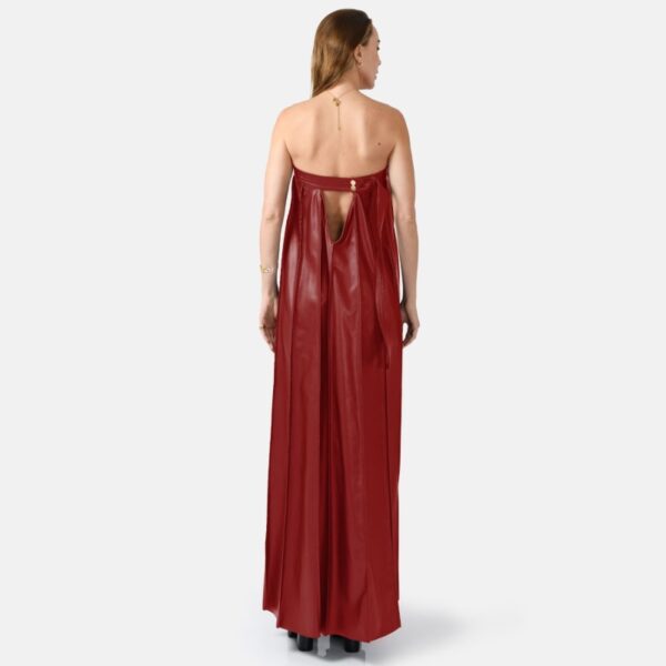 Red Strapless Pleated Vegan Leather Maxi Dress  Way01 - Image 3